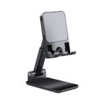 A foldable phone stand in black with an adjustable angle and a sturdy base. It features a smooth surface design.