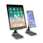A black foldable phone and tablet stand, with a tablet on the left and a smartphone on the right, both displayed upright.