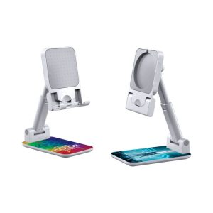 A foldable phone stand in white, featuring adjustable angles and a sleek design. Includes a logo on the base.