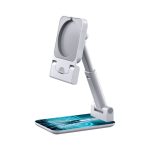 A white foldable phone stand with an adjustable arm and a textured base featuring a graphic design.