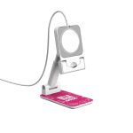 A white foldable phone stand with a pink base featuring a design and a circular holder for the device.