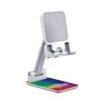 A foldable phone stand in white with a colourful base features a logo and adjustable arm for versatile positioning.