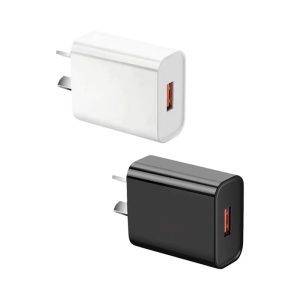 A USB wall charger in white and black, featuring a single charging port and a compact design.