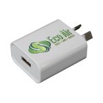 A white USB wall charger with a green logo, designed for quick charging. Suitable for travel adapters.