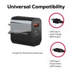 A sleek black wall charger with USB-A and USB-C ports, featuring a compact design for travel.