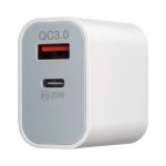 A white wall charger featuring Quick Charge 3.0 and a USB-C port, designed for quick charging devices.