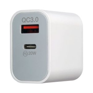 A white wall charger featuring Quick Charge 3.0 and a USB-C port, designed for quick charging devices.