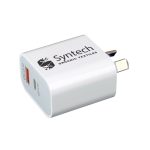 A compact white wall charger featuring two USB ports and a logo. Designed for fast charging technology.