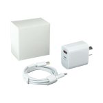 A white wall charger with a USB port, accompanied by a white USB-C cable and a plain white box.