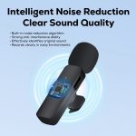 A wireless microphone with a sleek design, featuring a black body and foam windscreen, and a logo on the side.