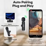 A black wireless microphone with a clip, displayed alongside a smartphone showing a user-friendly interface.