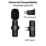 A black wireless microphone with a USB Type C and 8 Pin adapter, featuring a branding logo.