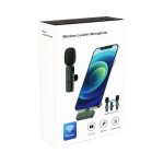A black wireless lavalier microphone packaged in a white box, featuring an illustrated smartphone with a display.