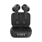 Black Thorpe TWS earbuds in a charging case, featuring a digital display and a sleek design.