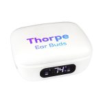 A white charging case for Thorpe TWS Earbuds with an LED display and branding.