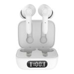 White Thorpe TWS earbuds positioned in their charging case, featuring a digital display.