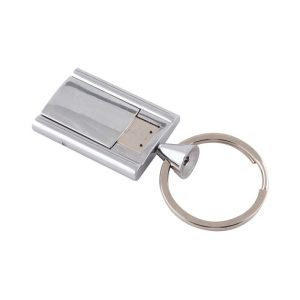 A silver Chrome Flip Flash Drive with a keyring attachment for easy portability.