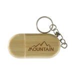 A bamboo flash drive with a rounded design, featuring a keychain attachment and a logo engraving.