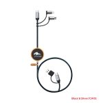 A black and silver LED charging cable with multiple connectors and a round logo tag.