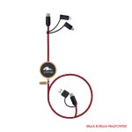 A black and red charging cable with multiple connectors, featuring a branded logo.