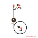 A black and orange charging cable with multiple connectors and a round logo at the end.