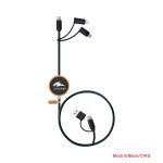 A black LED charging cable with multiple connectors and a logo on the housing.