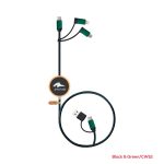 A black and green charging cable with multiple connectors and a branding logo.