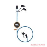 A charging cable with three connectors and a blue braided design, featuring a logo on a circular attachment.