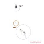 A white and silver charging cable with USB and Lightning connectors, featuring a round logo.