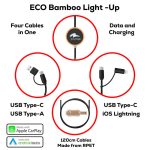 A USB charging cable in black with multiple connectors, featuring a bamboo light-up section and a branding logo.