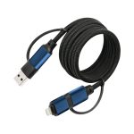 A blue-and-black braided charging cable with USB and Lightning connectors, coiled for easy storage.