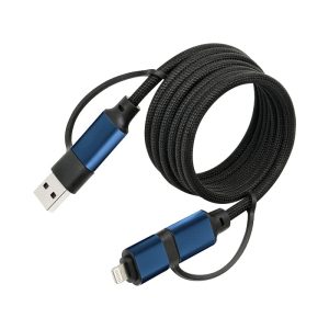 A blue-and-black braided charging cable with USB and Lightning connectors, coiled for easy storage.