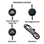 A promotional data cable with a black and grey design, featuring a logo and multiple branding options.