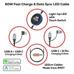 A fast charging data cable featuring a light-up LED, USB A, USB C, and 8-pin connectors, in black.