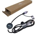 A data cable in black and grey with a protective case, featuring a logo. The cable supports fast charging and data transfer.