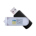 A black USB flash drive with a clear casing featuring a logo and a colourful design.