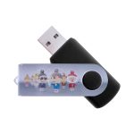 A black USB flash drive with a removable silver cap featuring cartoon character designs on the side and a branding logo.