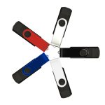 A set of four Type-C flash drives in black, white, blue, and red, arranged in a star pattern. Each has a logo.