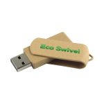 An eco-friendly beige flash drive with a swivel design and a logo featuring green text.