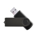 A black flash drive with a swivel design and a circular button, featuring a branding logo.