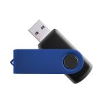 A blue and black USB flash drive with a swivel design. Features a circular button and has a branding logo.