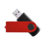 A red and black swivel flash drive with a circular button and a USB connector. It has a branding logo.