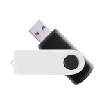A two-tone flash drive featuring a black and white design, with a retractable USB connector and a small button.
