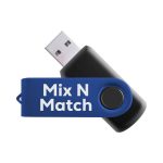 A blue and black flash drive featuring a swivel design and a logo.