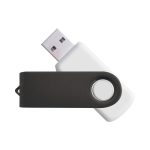A flash drive in black and white, featuring a swivelling cover and a circular button. It has a logo on one side.