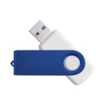 A blue and white flash drive with a swivel cap and a branding logo on the side.