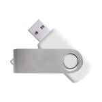 A silver and white USB flash drive with a swivel design and a circular button. It features a logo on the body.