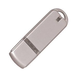 A silver flash drive with a rounded end and a keyring attachment, featuring a simple design and logo.