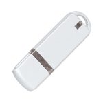 A white flash drive with a silver band, featuring a loop for easy attachment.