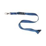 A blue lanyard with a clip and USB flash drive attachment, featuring a small logo or branding.